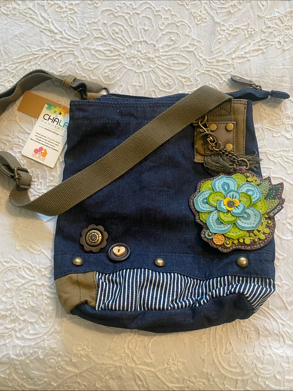 Chala denim Crossbody Bag with Olive Strap and Colorful Floral Charm